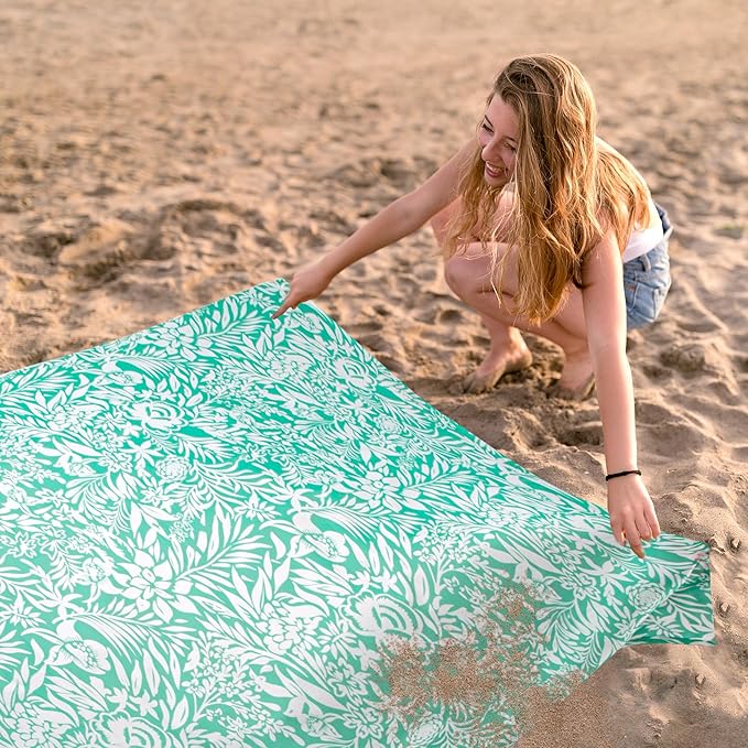 Beach Blanket, Waterproof Sandproof Beach Mat with 4 Stakes & 4 Pockets, 78''×86'' Large Compact Lightweight Sand Free Outdoor Essentials for Beach, Picnic, Travel, Camping
