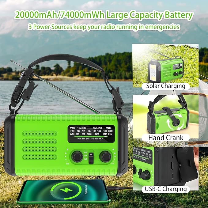 Emergency Hand Crank Radio, 20000mAh NOAA Weather Radio Portable AM/FM/with LED Flashlight, Solar Crank Radios Battery Operated, USB-C Charging, Reading Light, SOS Alarm & Compass for Camping