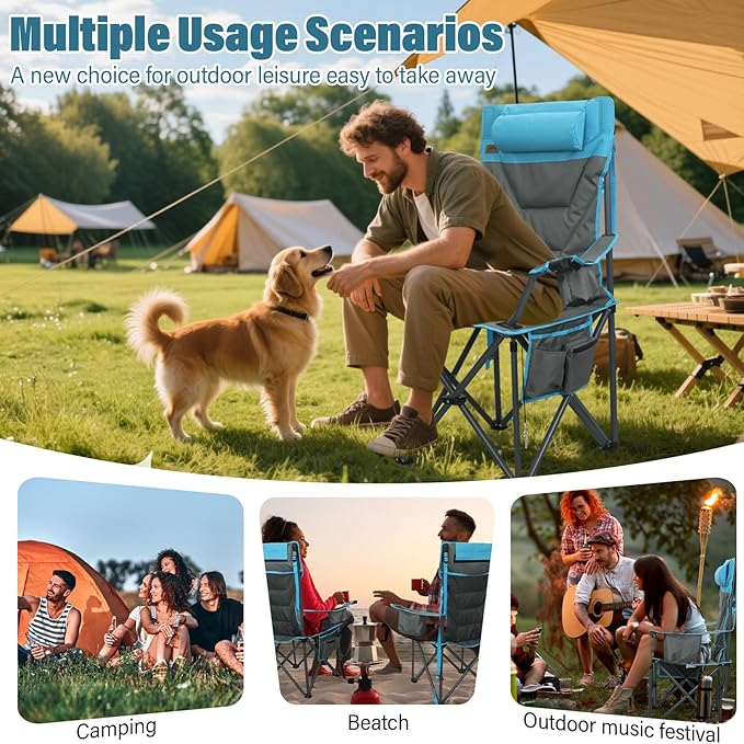 Oversized High-Back Camping Chairs with Pillow, Dual Cup Holders & Cooler Bag - Heavy Duty Foldable Outdoor Chair for Adults, Picnic, Fishing, Backyard, Sports(Bluegrey)