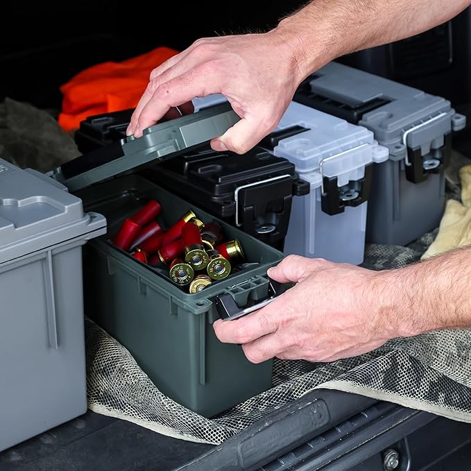 Sheffield 12757 4-Pack Ammo Storage Box, Stackable .30 Cal Field Boxes, Water and Dust Resistant, Lockable Storage Box with Handle, Secures Hunting Gear, Supplies, and Bullets, Made in the USA, Green