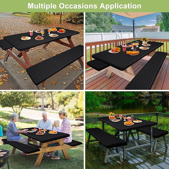 Picnic Table Cover with Bench Covers Camping Essentials Waterproof Windproof Camping Tablecloth with Drawstring Bag, Fitted Rectangle Tables and Seats, 60in, Black