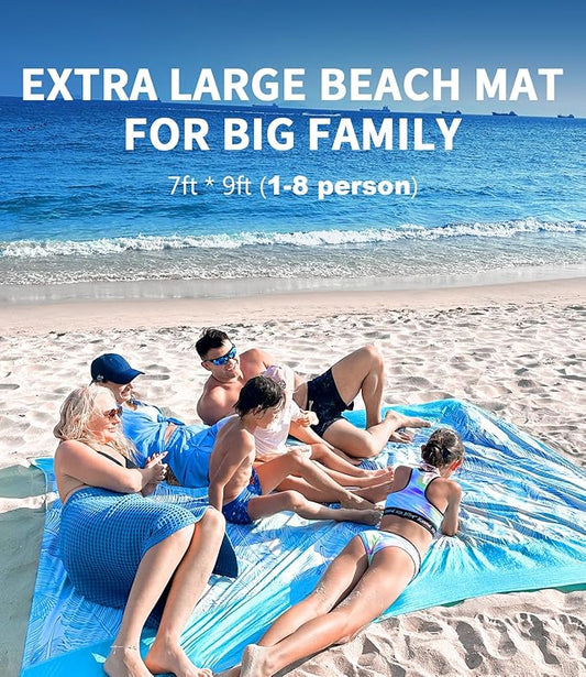 LH Beach Blanket Waterproof Sandproof, 84"*84" Large Beach Blanket for 5 Adults, Picnic Blanket Beach Mat for Camping, Beach Essentials Big & Compact Quick Drying, Lightweight & Durable with 4 Stakes