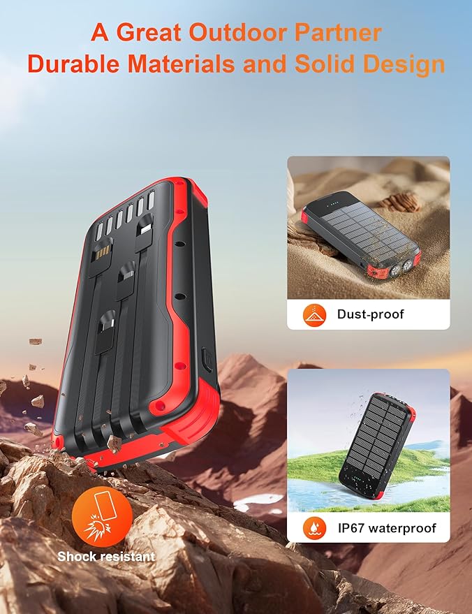 Solar Charger Power Bank, PD 20W Fast Charging External Batter, 40000mAh Portable Phone Charger Built in 4 Cables with Dual Bright Flashlights for Camping, Hiking, and Outdoor Use(RED)
