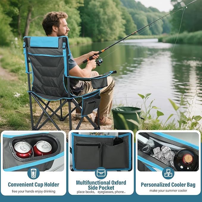 Oversized High-Back Camping Chairs with Pillow, Dual Cup Holders & Cooler Bag - Heavy Duty Foldable Outdoor Chair for Adults, Picnic, Fishing, Backyard, Sports(Bluegrey)