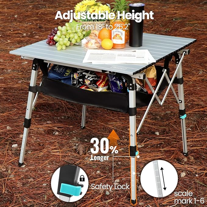 Portable Camping Table with Adjustable Legs, Lightweight Aluminum Folding Table Foldable Table for Outdoor Cooking, Picnic, Beach, Backyards, Square