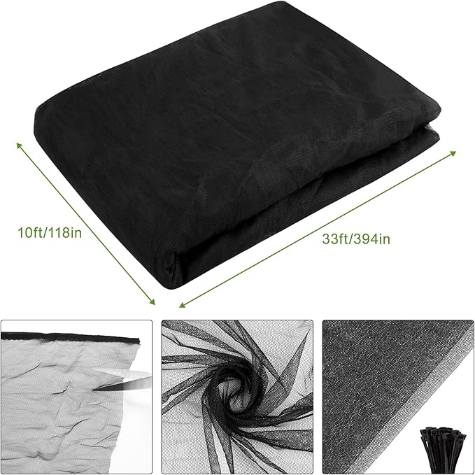 Unves Garden Mosquito Netting, 33 x 10 Ft Mosquito Net for Patio, Insect Pest Barrier Bird Netting Mesh for Garden, Soft Plant Covers Protect Vegetables Fruits from Birds Bugs, Hexagonal Mesh, Black