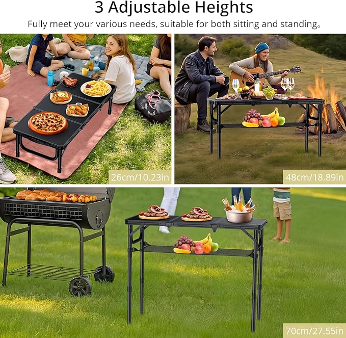 Folding Camping Table with Storage Net, 3ft Camping Table Aluminum Folding Table with 3 Adjustable Height Max 27.5 Inch Picnic Table Portable Table for Outdoor Backyard BBQ, Pure Black