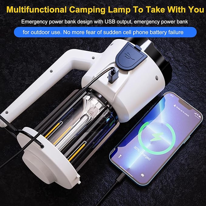Lixada LED Camping Lantern,USB C Rechargeable Lantern with Stepless Dimming,Emergency Flashlight Flood Light with Folding Hook for Searchlight Power Outages Spotlight Outdoor Fishing Emergency