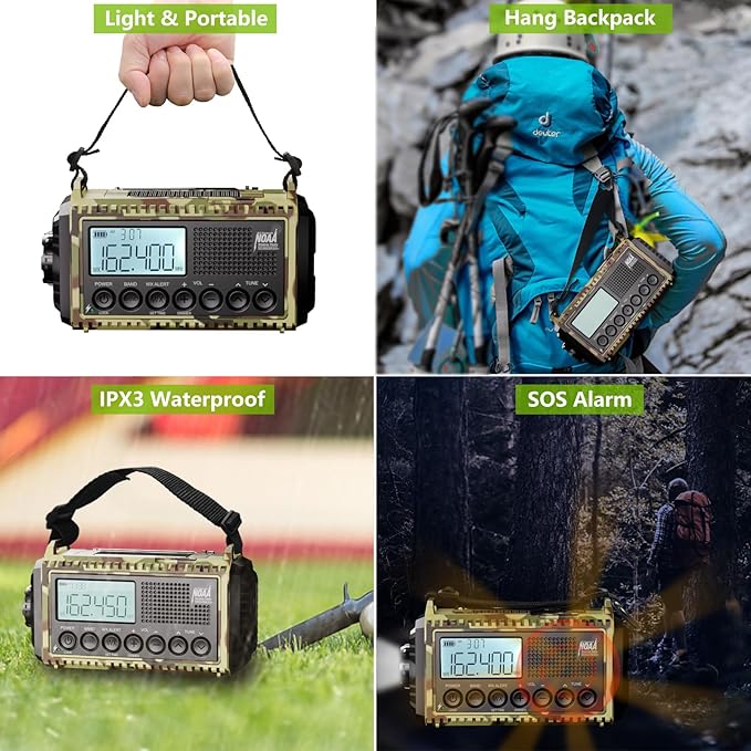 Raynic Weather Radio, 12000mAh Hand Crank Emergency Radio, 6 Ways Powered AM/FM/SW/NOAA Weather Alert Radio with Flashlight, Cell Phone Charger and SOS Siren for Power Outages (Camo-Green-LCD Display)