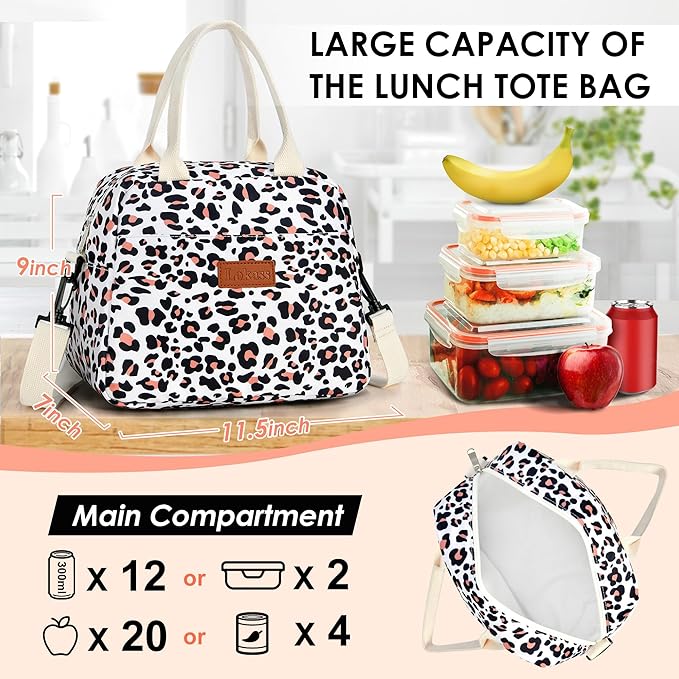 LOKASS Lunch Box for Women-Insulated Adults Lunch Bag with Removable Shoulder Strap&Front Pocket,Cute Lunch Tote for Work-Reusable Leopard Print Cooler Bag for Office Picnic Beach or Travel
