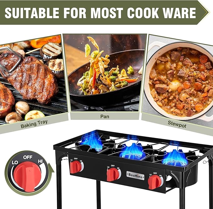 Bestfire 3 Burners Camping Stove for Cooking Outdoor, 225,000 BTU Propane Burners with Ignition wire&Removable Legs, Temperature Control Knobs and 20 PSIG High Pressure Regulator for BBQ