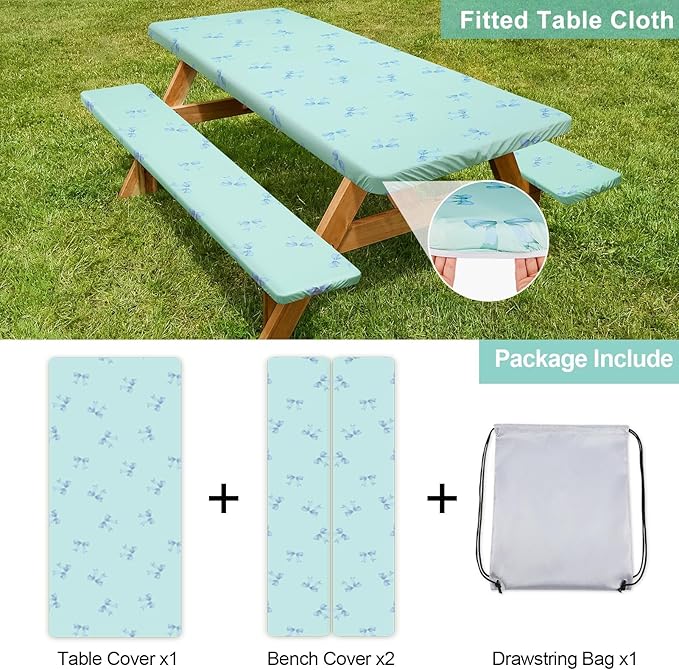 Picnic Table Cover with Bench Covers Camping Essentials Waterproof Windproof Camping Tablecloth with Drawstring Bag, Fitted Rectangle Tables and Seats, 72in, Blue Bow