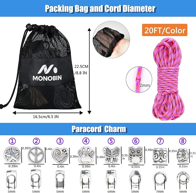 MONOBIN Micro Paracord,2mm 10Colors 20FT Paracord Combo Kit with Paracord Instructions and Charms for Making Paracord Bracelets, Lanyards, Jewelry Making