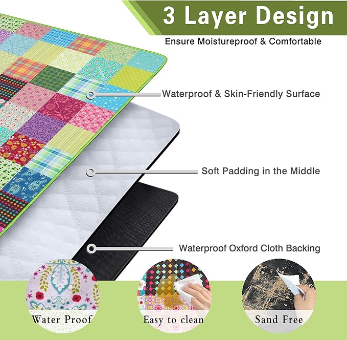 Extra Large Picnic Blankets Waterproof Foldable (60"x 80") Boho Beach Blanket Waterproof Sandproof,3-Layer Thicking Mat Outdoor Packable Camping Blanket