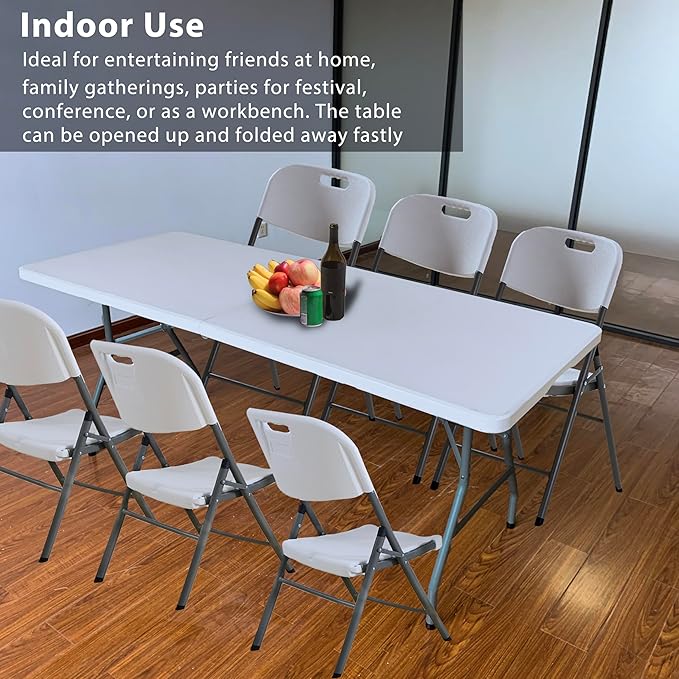 6 Foot Folding Table 6ft Fold in Half Heavy Duty Plastic Foldable Table, 72 inch Portable Table with Handle,Indoor Outdoor 6‘ Utility Card Tables for Picnic, Party, Dining