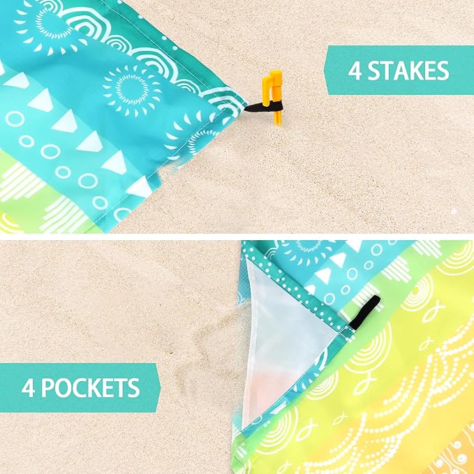 Beach Blanket Waterproof Sandproof, Picnic Blankets with Stakes and Sand Pockets, Lightweight Quick Drying, Large Portable Beach Mat Vacation Essentials for Outdoors, Camping, Trips-Green Sea Waves