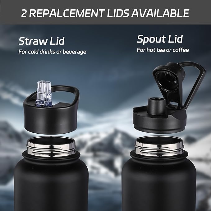 HASLE OUTFITTERS 32 oz Insulated Water Bottle Stainless Steel Double Walled Vacuum Sports Water Bottle with 2 Lids (Straw and Spout Lid) for Gym Camping Hiking(Black,8)