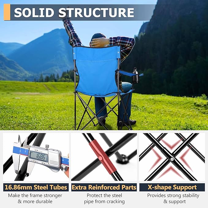 Joyfair Portable Camping Chair, Outdoor Lawn Folding Chairs for Adults, Heavy Duty Large Foldable Chairs for Beach, Fishing, Tailgating Outdoor Sport, 2 Cup Holders & Carry Bag