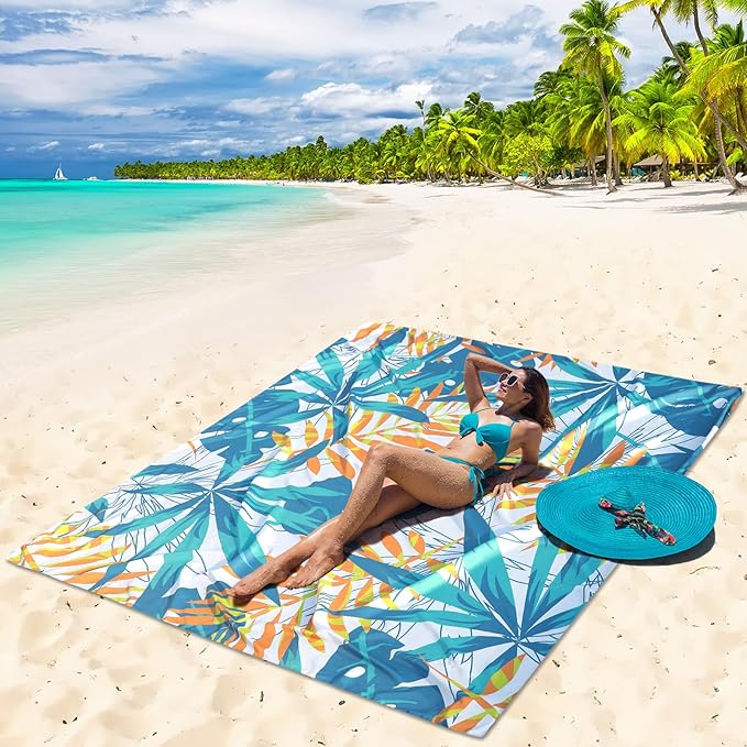 Beach Blanket Waterproof Sandproof Beach Mat 79βx 83β for 1-4 Adults Quick Drying Durable Outdoor Picnic Mat for Beach Festival Travel Camping Hiking (W&GN&Y-Palm, 79"Γ83"(4 Person))