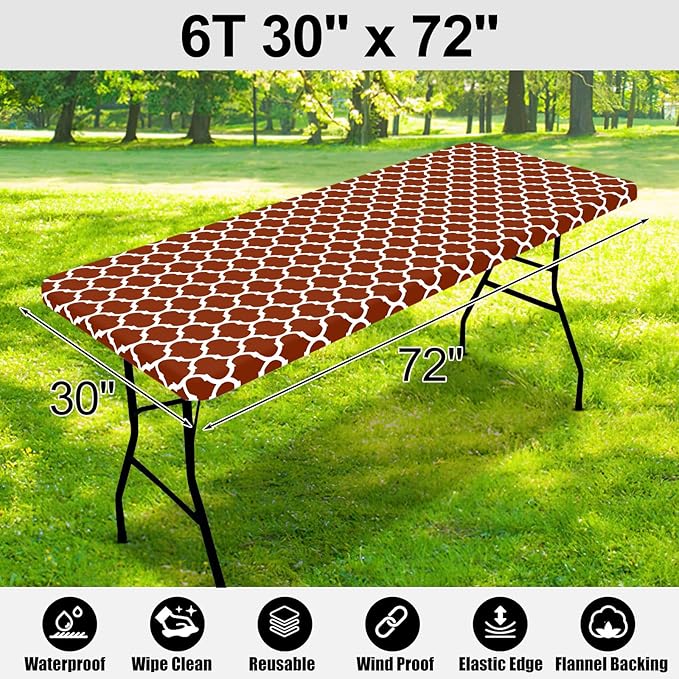 Smiry Rectangle Picnic Table Cover, Waterproof Elastic Fitted Camping Tablecloths for 6 Foot Tables, Wipeable Flannel Backed Vinyl Tablecloth Protector for Indoor, Outdoor (Rust, 30x72 Inches)