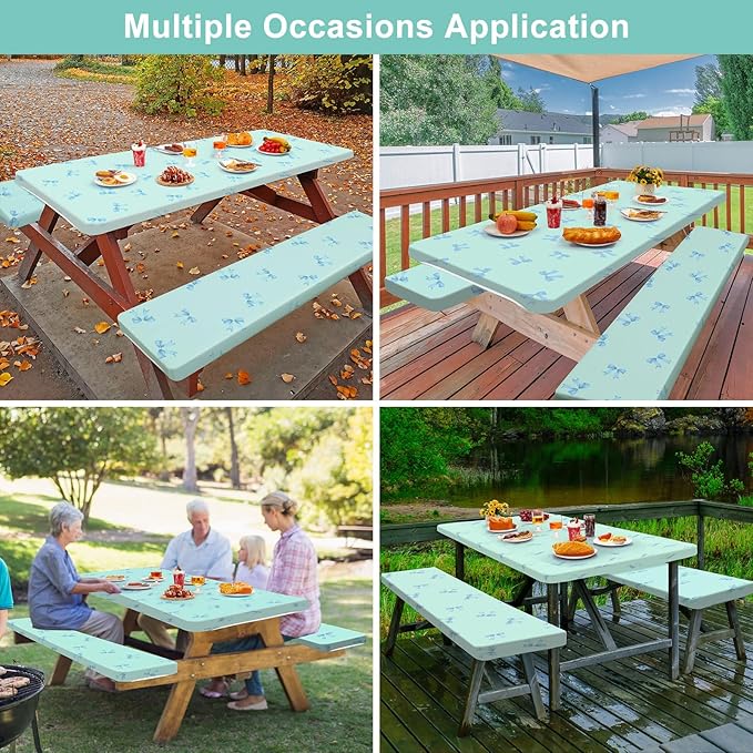 Picnic Table Cover with Bench Covers Camping Essentials Waterproof Windproof Camping Tablecloth with Drawstring Bag, Fitted Rectangle Tables and Seats, 72in, Blue Bow