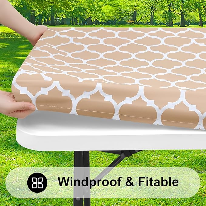 Smiry Rectangle Picnic Table Cover, Waterproof Elastic Fitted Camping Tablecloths for 8 Foot Tables, Wipeable Flannel Backed Vinyl Tablecloth Protector for Indoor, Outdoor (Khaki, 36x96 Inches)