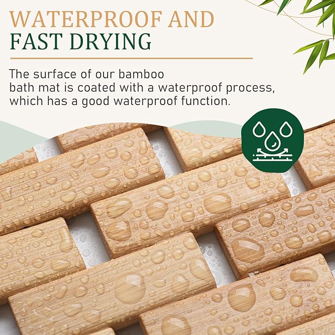 downluxe Bamboo Bath Mat for Bathroom - Waterproof Bamboo Shower Mat Non Slip, Foldable Bathroom Floor Mat for Indoor & Outdoor (Natural Color, 15" X 27", Medium)