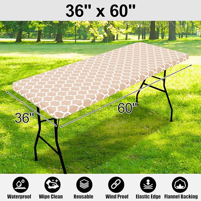 Smiry Rectangle Picnic Table Cover, Waterproof Elastic Fitted Camping Tablecloths for 5 Foot Tables, Wipeable Flannel Backed Vinyl Tablecloth Protector for Indoor, Outdoor (Khaki, 36x60 Inches)