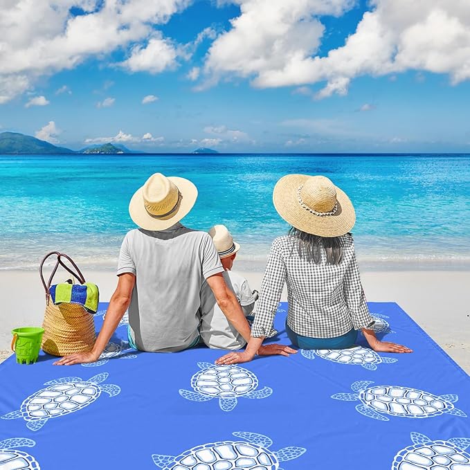 Beach Blanket Waterproof Sandproof, Blue Baby Sea Turtle Polyester Beach Mat Sand Free for 2-4 Adult, Extra Large Portable Compact Picnic Blankets for Outdoor, Travel,Camping,Hiking