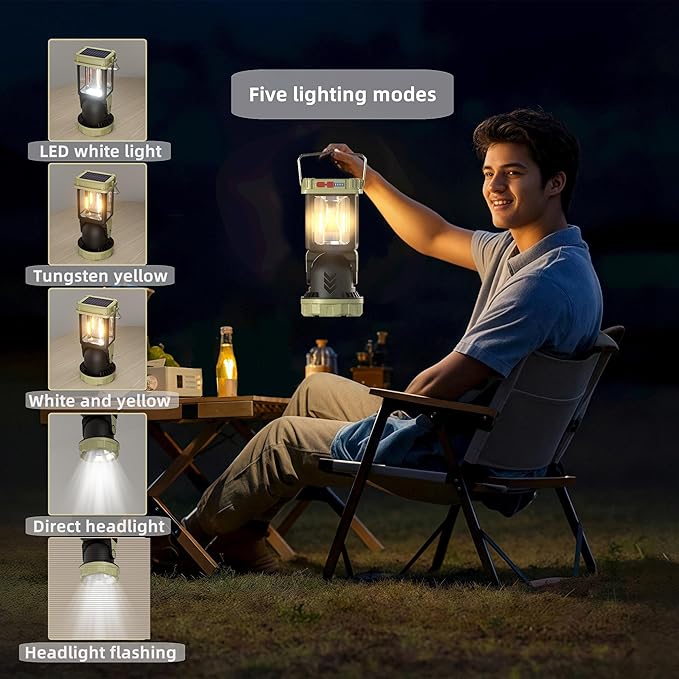 HOMY Electric Lanterns Solar Charging Gray-Green Camping Essentials LED Lights and Rechargeable Flashlight Headlight + Big Lights, 5 Light Mode Brighter Hanging Tent Lights Upgrade