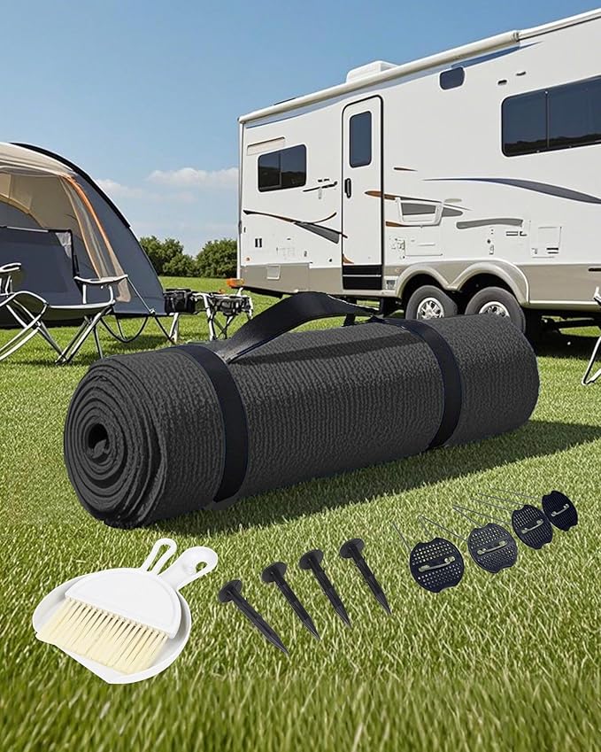 FoundGo Awning Carpet HDPE Camping Outdoor Rug with Eyelets,Nails,Broom,for RV,Patio,Backyard,Picnic,Beach,Trailer 8'*20' (2.44 * 6.1m) -Black