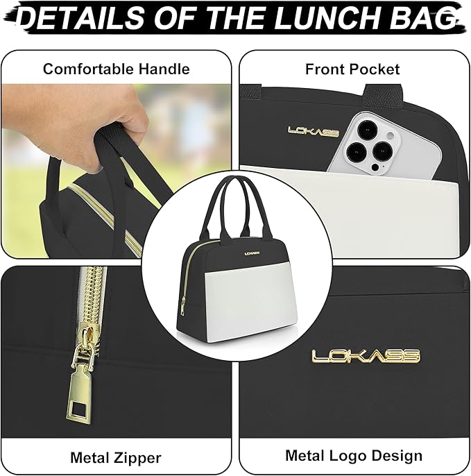LOKASS Lunch Bag for Women-Insulated Adults Lunch Box with Front Pocket- Small Cute Lunch Tote for Work-Reusable Cooler Bag for Office Picnic Beach or Travel(Black)