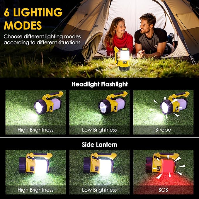 Rechargeable Camping Lantern, 6 Modes LED Flashlight Handheld Spotlight with 2000LM, 4400mAh Power Bank, IPX4 Waterproof Searchlight Work Light for Emergency Hiking Survival Kits