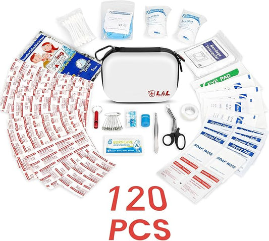 120-Piece First Aid Kit for Travel,Car & Emergency Survival - Compact Waterproof Medical Supplies with Trauma Bandages,Burn Gel & Fever Cooling Patch | Portable for Camping,Hiking,Sports(White)