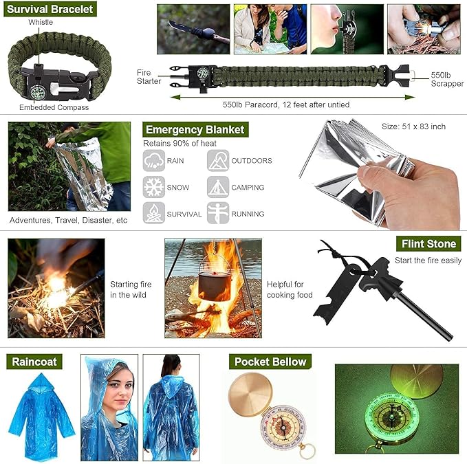 Survival Kit, 32 in 1 Professional Emergency Survival Gear Equipment Tools First Aid Supplies with Molle Pouch Gifts Ideas for Men Families SOS Tactical Hiking Hunting Disaster (Green)
