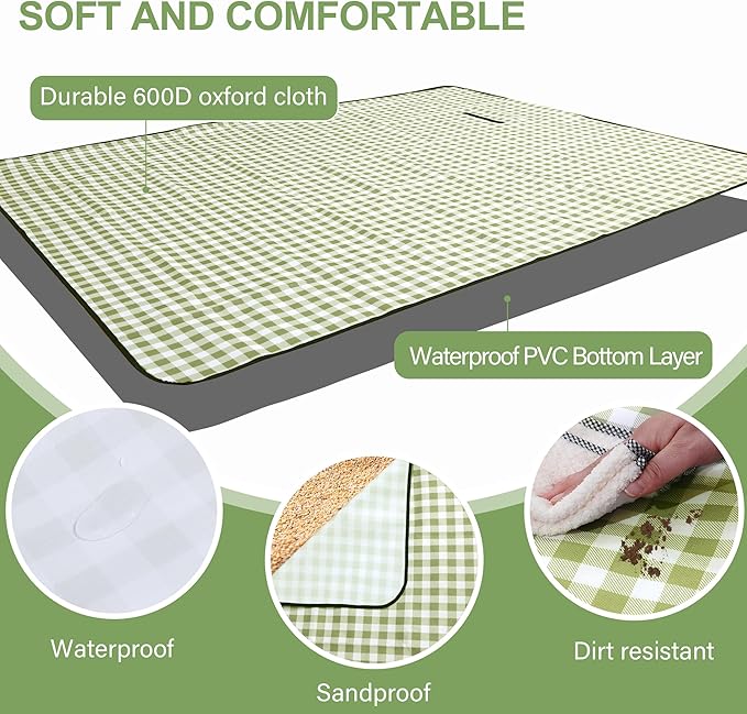 Picnic Blanket Outdoor Extra Large Picnic Mat 80"X60" Camping Blanket Beach Blanket Foldable Waterproof Sand Mat Hiking Travel Family Concerts(Green)