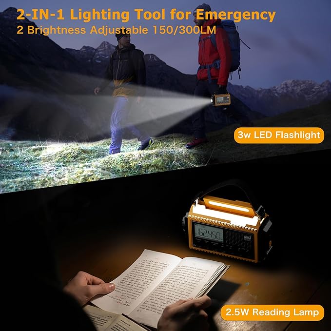 12000mAh NOAA Emergency Weather Radio, Hand Crank Emergency Radio Portable AM FM Shortwave, Solar Rechargeable Battery Powered with USB-C Charger & Adapter, SOS Alert Flashlight for Outdoors