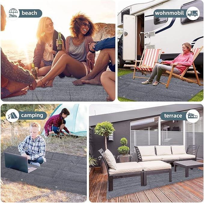 FoundGo Awning Carpet HDPE Camping Outdoor Rug with Eyelets,Nails,Broom,for RV,Patio,Backyard,Picnic,Beach,Trailer 8'*20' (2.44 * 6.1m) -Black