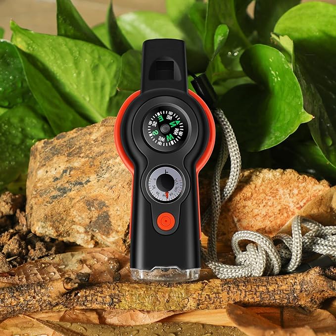 7-in-1 Emergency Survival Function Whistle, Outdoor Multifunctional Tool Safety Whistle with Lanyard, Ideal for Kayaking, Boating, Hiking, Camping, Climbing, Hunting, Fishing, Rescue Signaling