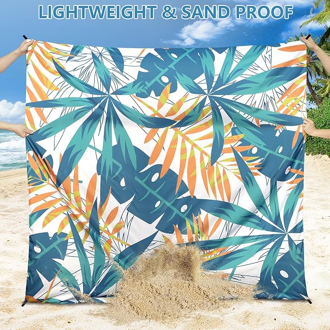 Beach Blanket Waterproof Sandproof Beach Mat 79βx 83β for 1-4 Adults Quick Drying Durable Outdoor Picnic Mat for Beach Festival Travel Camping Hiking (W&GN&Y-Palm, 79"Γ83"(4 Person))