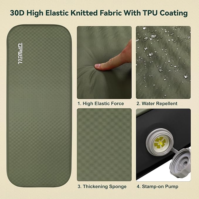 UPWELL Self Inflating Sleeping Pad 4.5" Thickness Camping Mattress with Solid Foam Single Sleeping Mat Portable Fast Inflation for Outdoor Mat Portable Roll Up Bed Green&Black