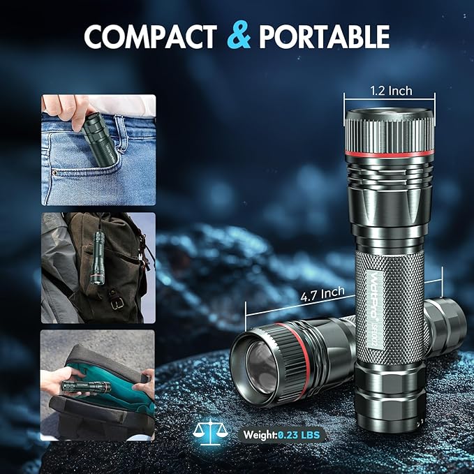 WdtPro Rechargeable Flashlights High Lumens, 1 Pack Super Bright LED Small Tactical EDC Flashlight with 10H Runtime, Portable Flash light for Camping, Home, Emergency Essentials Grey(Battery Included)