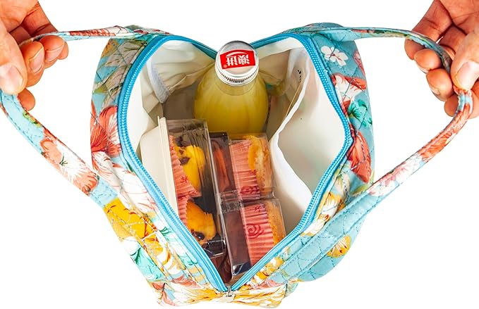 Machine Washable Women Quilted Fabric Insulated Reusable Cooler Lunch Bag Tote Adult Thermal Lunch Box Storage Bag for Work (Floral)
