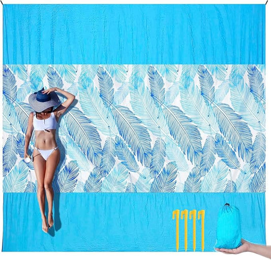 LH Beach Blanket Waterproof Sandproof, 84"*84" Large Beach Blanket for 5 Adults, Picnic Blanket Beach Mat for Camping, Beach Essentials Big & Compact Quick Drying, Lightweight & Durable with 4 Stakes