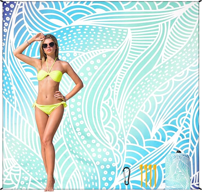 Beach Blanket Waterproof Sandproof Beach Mat 79βx 83β for 1-4 Adults Quick Drying Durable Outdoor Picnic Mat for Beach Festival Travel Camping Hiking (Gradiant Blue-Ripple, 79"Γ83"(4 Person))