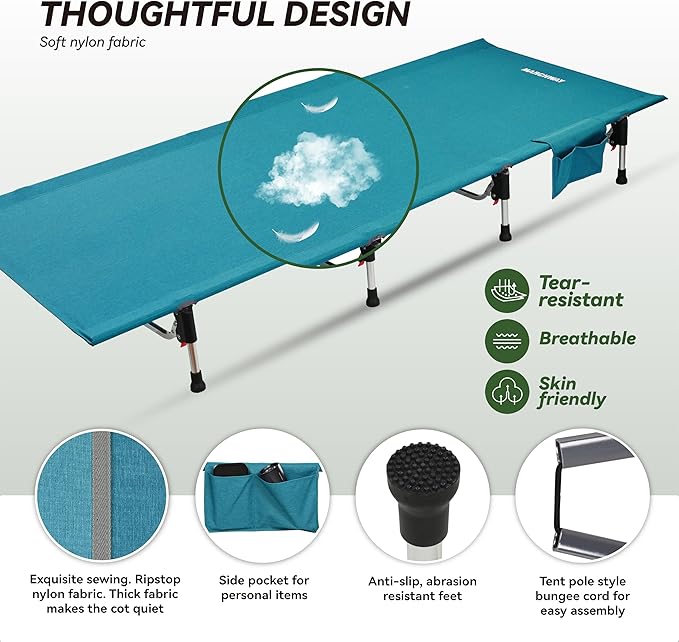 MARCHWAY Lightweight Folding Tent Camping Cot Bed with Lever Lock, Easy Setup Portable Compact for Outdoor Travel, Hunting, Hiking, Motorcycling, Support 330Lbs (Blue)