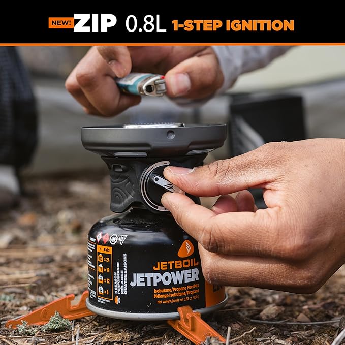 Jetboil Zip 0.8L Portable Fast Boil Stove with Easy-Turn Knob Igniter for Backpacking and Camping, New for 2025, Propane/Isobutane Burner with Cooking Cup