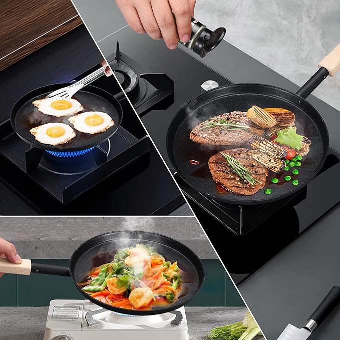 Frying Pan Skillet 8-inch Flat Griddle Pan, Lightweight Small Grill Pan with Wooden Handle for Camping Indoor Outdoor Cooking