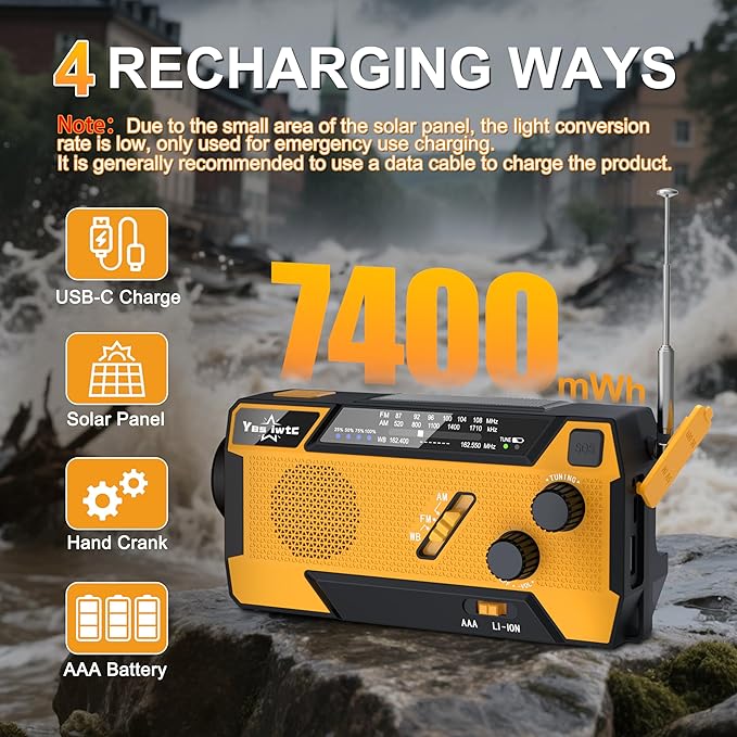 Hand Crank Emergency Radio NOAA Weather Radio 7400mWh Battery Operated 3 in 1 Charging Cable Hand Crank Charger with AM FM Portable Solar Powered Radio for Winter Storm Hurricane Survival Gear