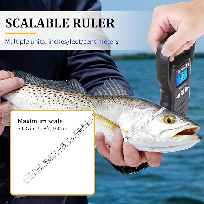 Fish Scale,110lb/50kg Large Handle,Large Backlit LCD Display,Digital Fish Scale with Built-in Measuring Tape, Fishing Gifts for Men,Black…